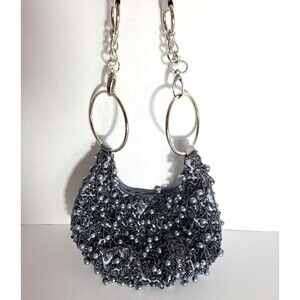 Y2K Gray Beaded Sparkly Sequin Fringe Silver Chain Hoop Zip Handbag Shoulder Bag